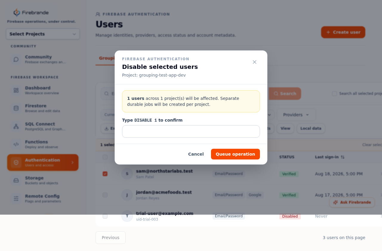 Disable selected users dialog requiring the operation name and affected count to be typed before confirming
