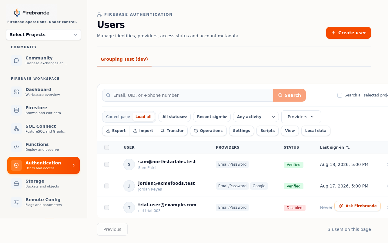 Authentication workspace showing the users table with providers, status, and last sign-in, plus search and bulk-action toolbar
