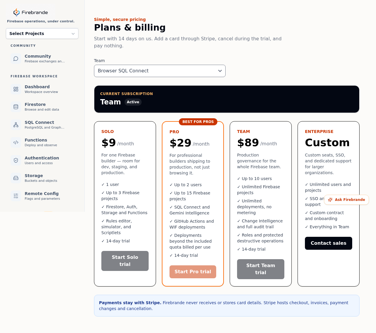 Plans and billing page showing the current subscription banner and Solo, Pro, and Team plan cards