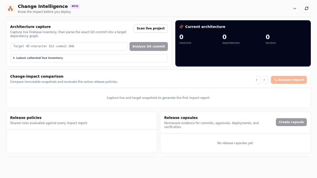 Change Intelligence workspace showing architecture capture, impact comparison, and release policies