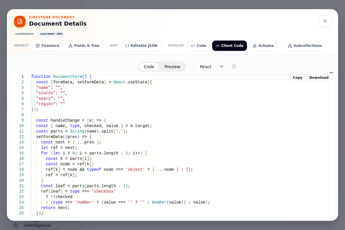 Firestore document Client Code tab showing a generated React form component with a language selector for Vanilla JS, React, and Vue