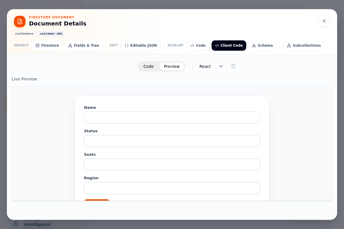 Firestore document Client Code tab Preview showing the generated React form actually rendered with Name, Status, Seats, and Region fields