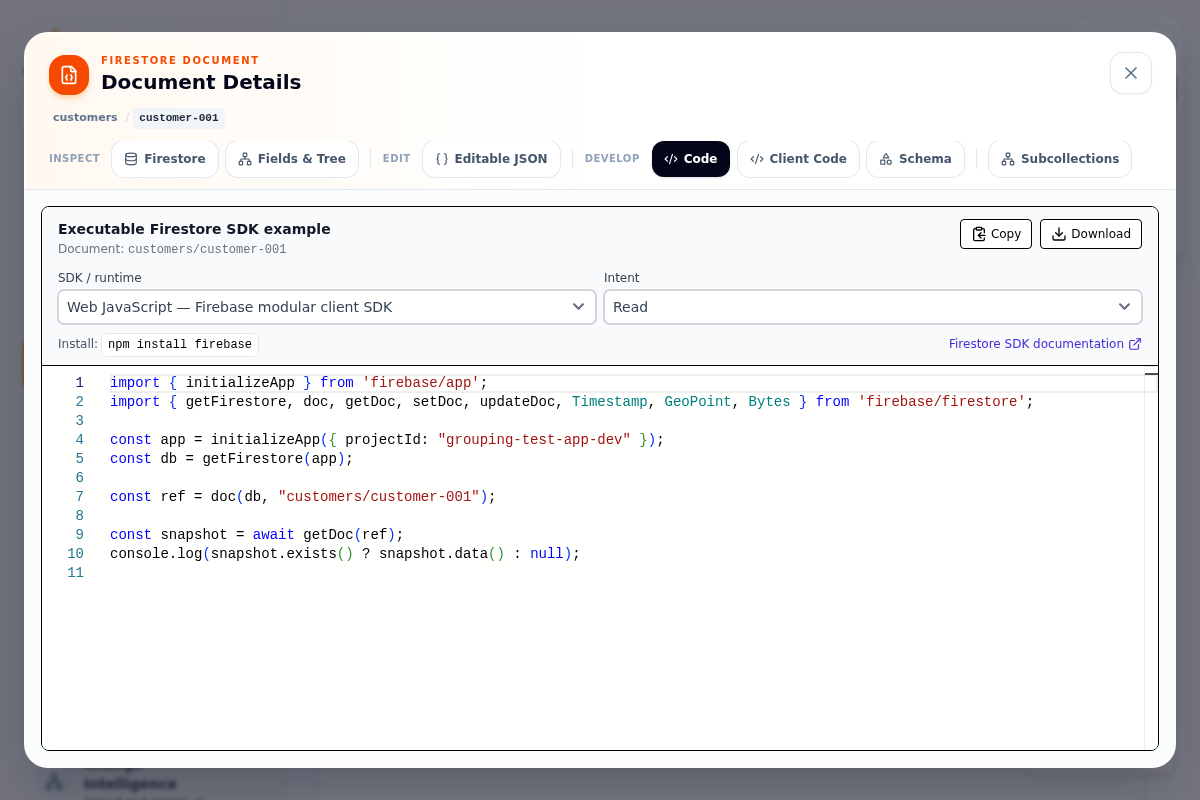 Firestore document Code tab showing an executable Web JavaScript SDK example with SDK and Intent selectors