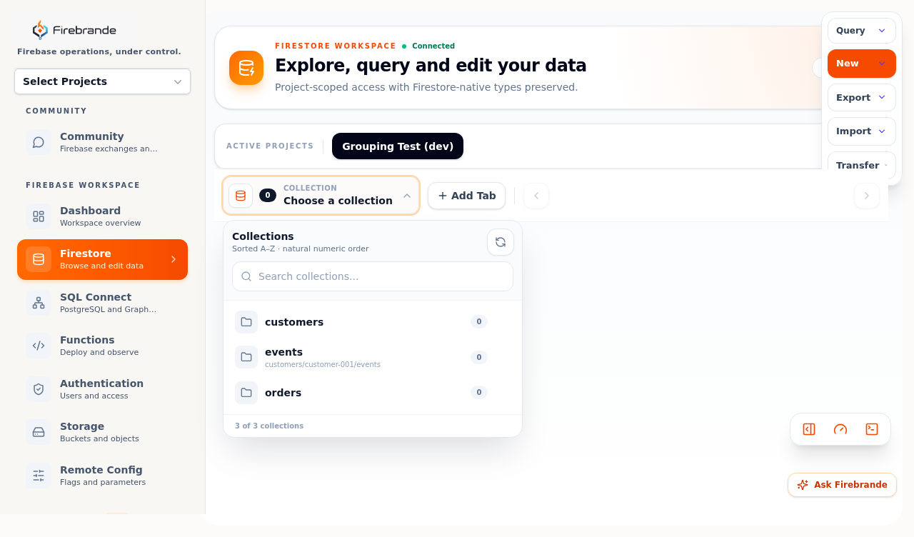 Firestore collection picker listing customers, events, and orders with live document counts