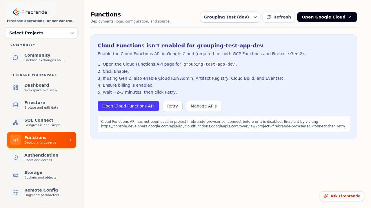 Functions workspace showing a Cloud Functions API not enabled recovery card with numbered steps and Open Cloud Functions API, Retry, and Manage APIs buttons