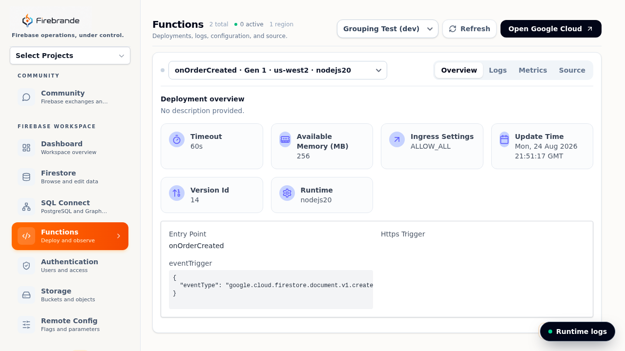 Functions workspace showing a deployed function's overview with timeout, memory, runtime, entry point, and event trigger