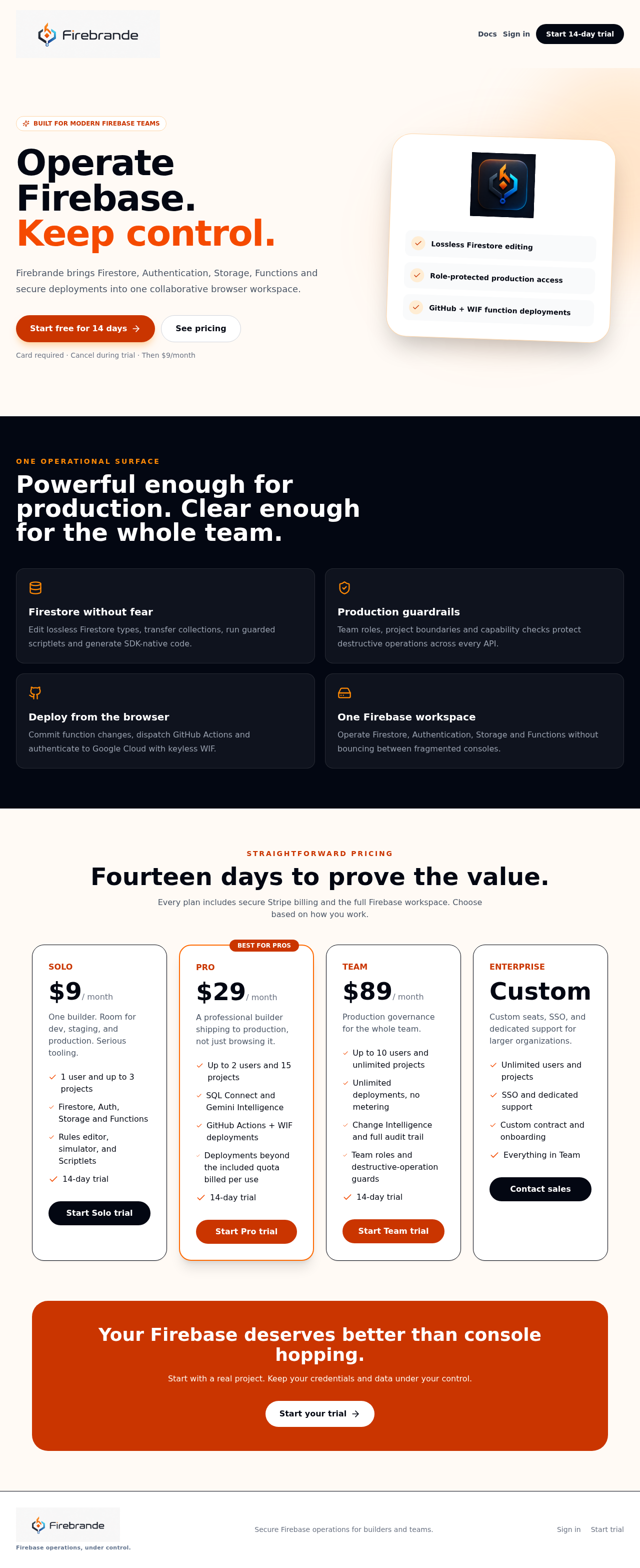 Firebrande signed-out homepage with the Operate Firebase, Keep control hero, feature grid, and Solo, Pro, and Team pricing cards