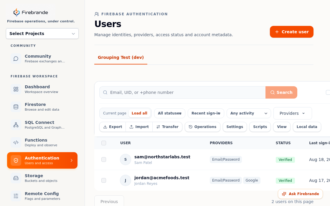 Authentication users table with search and provider columns