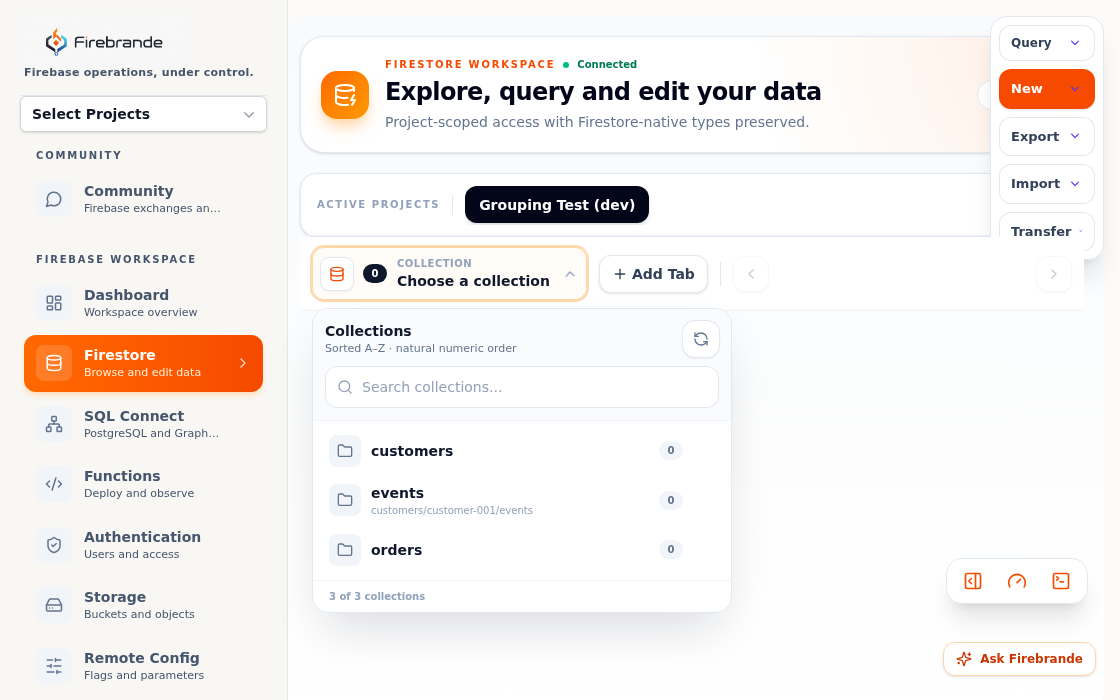 Firestore collection picker listing customers, events, and orders