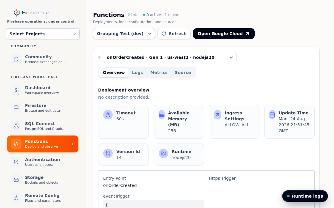 Functions deployment overview showing timeout, memory, runtime, and entry point