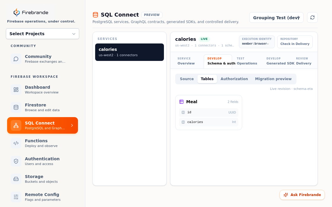 SQL Connect schema view showing the Meal table and its fields
