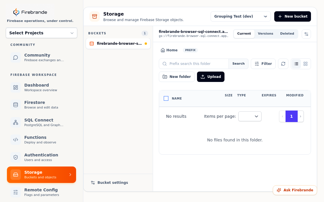 Storage bucket browser with the object table and upload toolbar