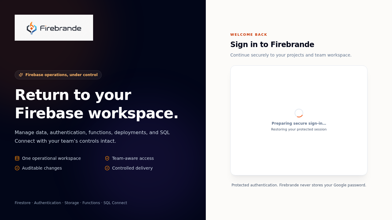 Firebrande sign-in page with a branded panel on the left and a Clerk-hosted sign-in card on the right