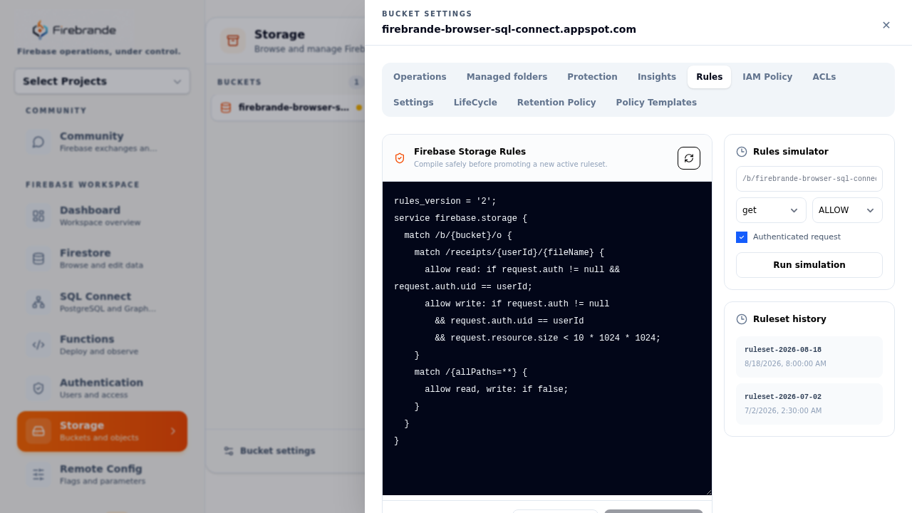Storage Rules editor showing the ruleset source, a rules simulator, and ruleset deployment history
