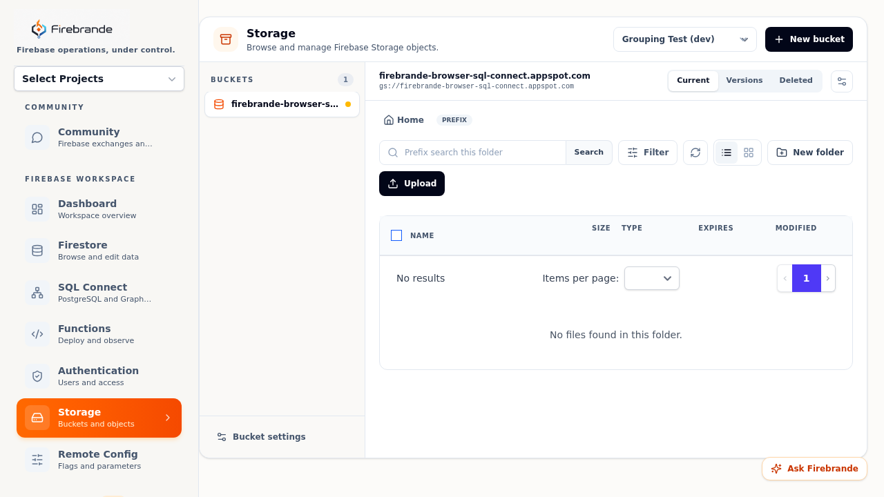 Storage workspace showing the bucket list, breadcrumb navigation, Current/Versions/Deleted tabs, and object table toolbar