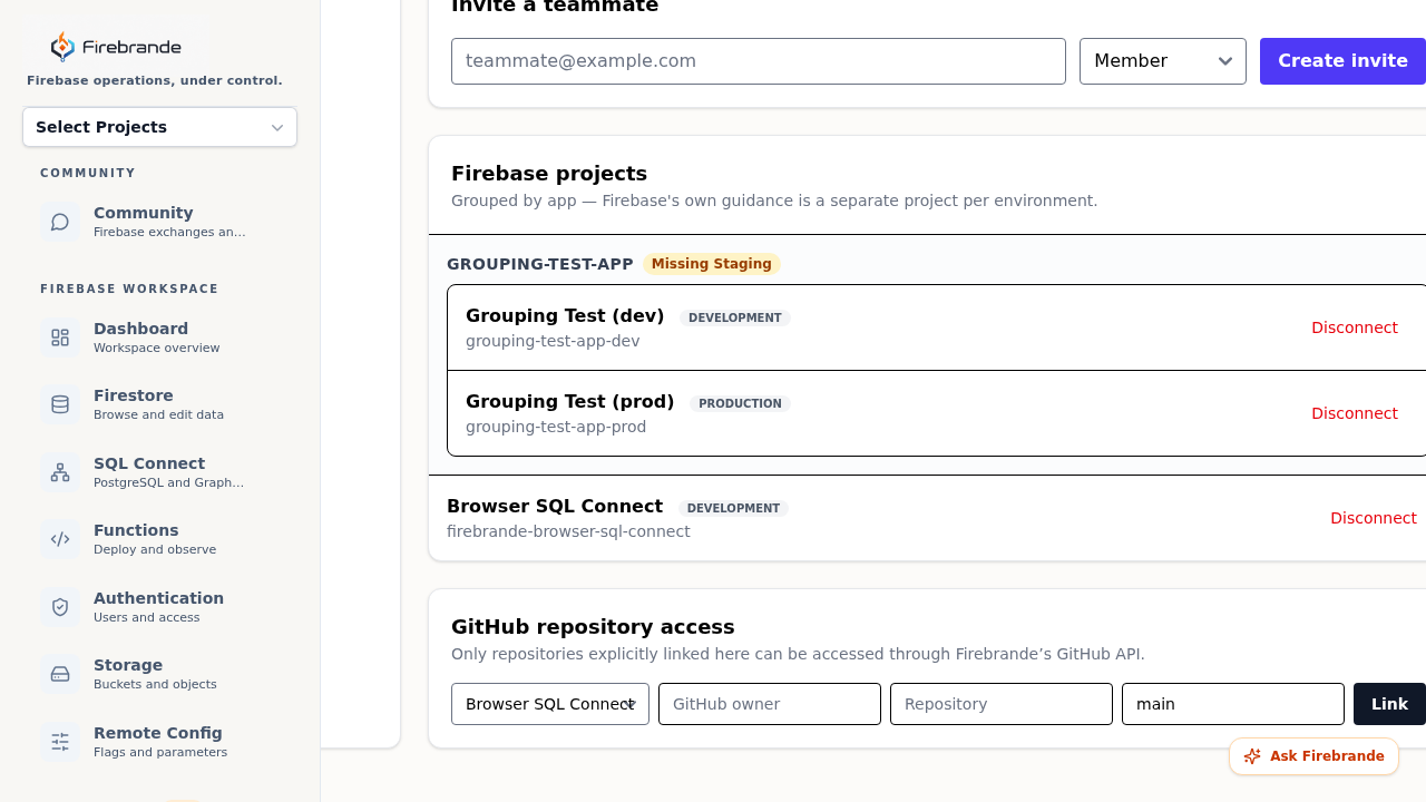 Firebase projects list grouped by app, showing a group with dev and production projects and a Missing Staging nudge